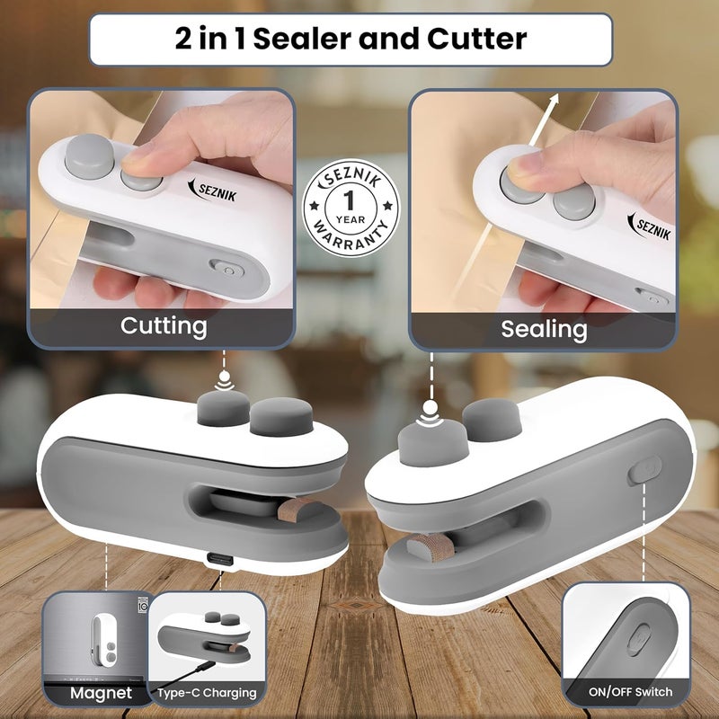 SEZNIK Sealing Machine for Food Packets - Portable Handheld Sealing for Food Packets, Snacks, Chips, Fresh Storage - Mini Sealing Machine, 1 YEAR Warranty (White) - Image 3