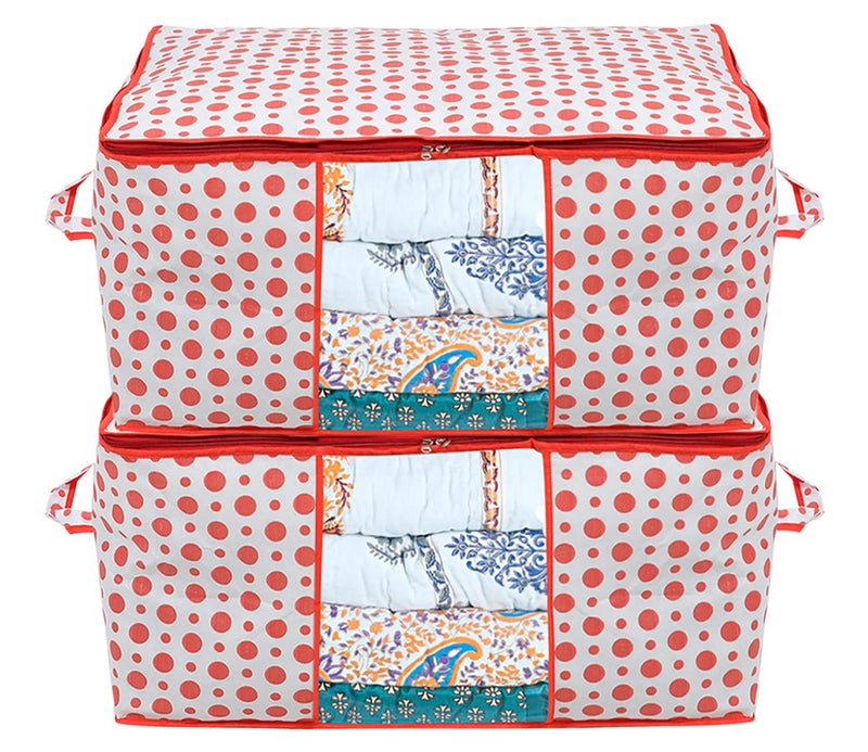 Kuber Industries Dot Printed Foldable Lightweight Non Woven Underbed Storage Bag For ToysBlanketsStationery PaperClothes With Transparent Window With Handle Pack of 2 Pink46KM0592 - Image 1