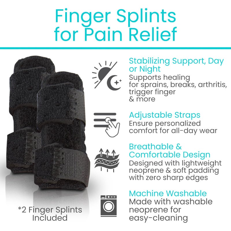 Vive Finger Splint (2 Pack) - Universal Finger Straightener - Broken and Trigger Finger Splints - Brace for Arthritis Pain and Support - Sprain Relief for Middle, Index, Ring, Pinky Fingers (Black) - Image 2
