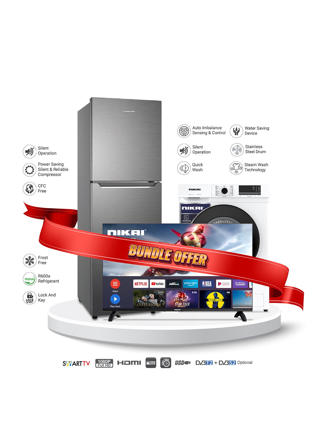 Bundle 300L Double Door Refrigerator (NRF310FSS) + 7kg FL Fully Automatic Washing Machine (NWM701FN9) + 42 Inch Smart TV (NTV4300SLED) 113 W NRF310FSS+NWM+NTV Silver