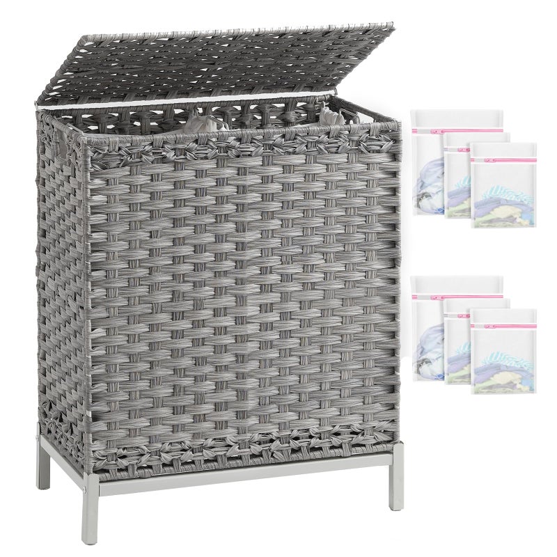 SETVSON Laundry Hamper with Lid, 112 L Handwoven Rattan Wicker Laundry Basket, 2 Removable Liner Bags Metal Heightened Feet, 6 Mesh Bags, 2 Section Large Clothes Hamper for Bathroom Bedroom, Gray - Image 1