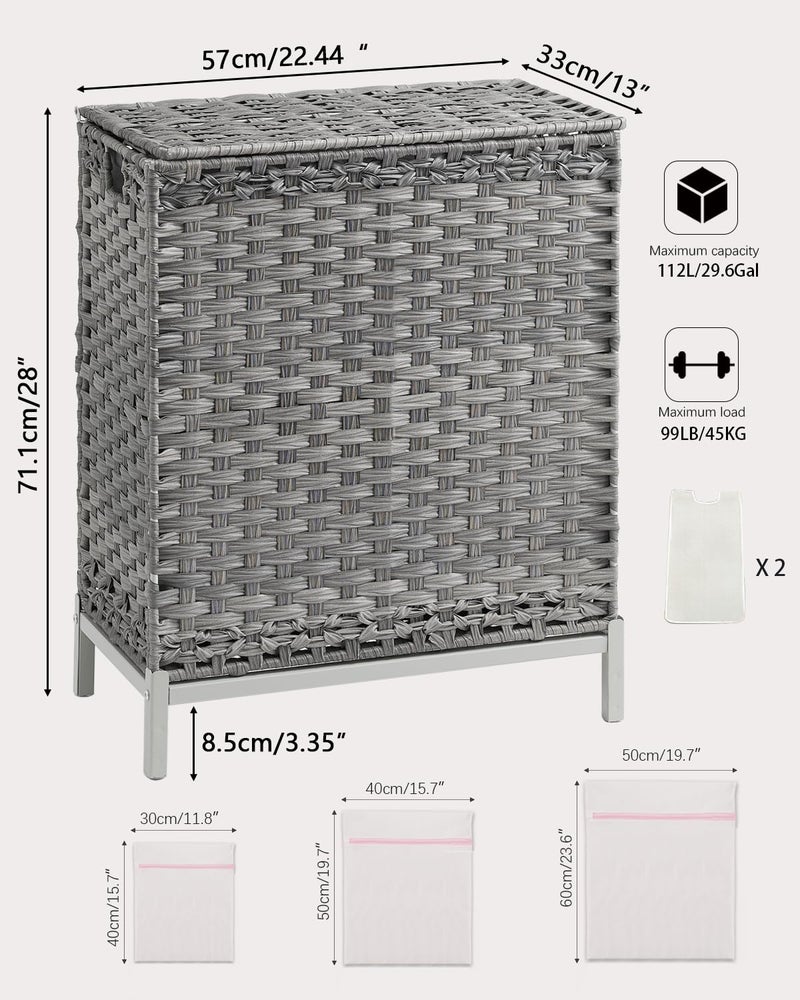 SETVSON Laundry Hamper with Lid, 112 L Handwoven Rattan Wicker Laundry Basket, 2 Removable Liner Bags Metal Heightened Feet, 6 Mesh Bags, 2 Section Large Clothes Hamper for Bathroom Bedroom, Gray - Image 5