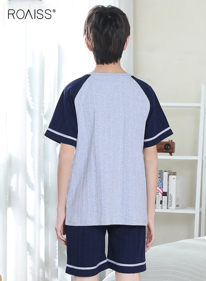 رويس طقم بيجامات للأولاد، طقم بيجامات للأولاد، طقم بيجامات للأولاد، طقم ملابس نوم برقبة مستديرة بأكمام قصيرة، ملابس نوم مريحة وخفيفة الوزن للمنزل، بدلات نوم بسيطة للصيف - Image 2