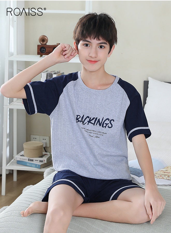 رويس طقم بيجامات للأولاد، طقم بيجامات للأولاد، طقم بيجامات للأولاد، طقم ملابس نوم برقبة مستديرة بأكمام قصيرة، ملابس نوم مريحة وخفيفة الوزن للمنزل، بدلات نوم بسيطة للصيف - Image 1