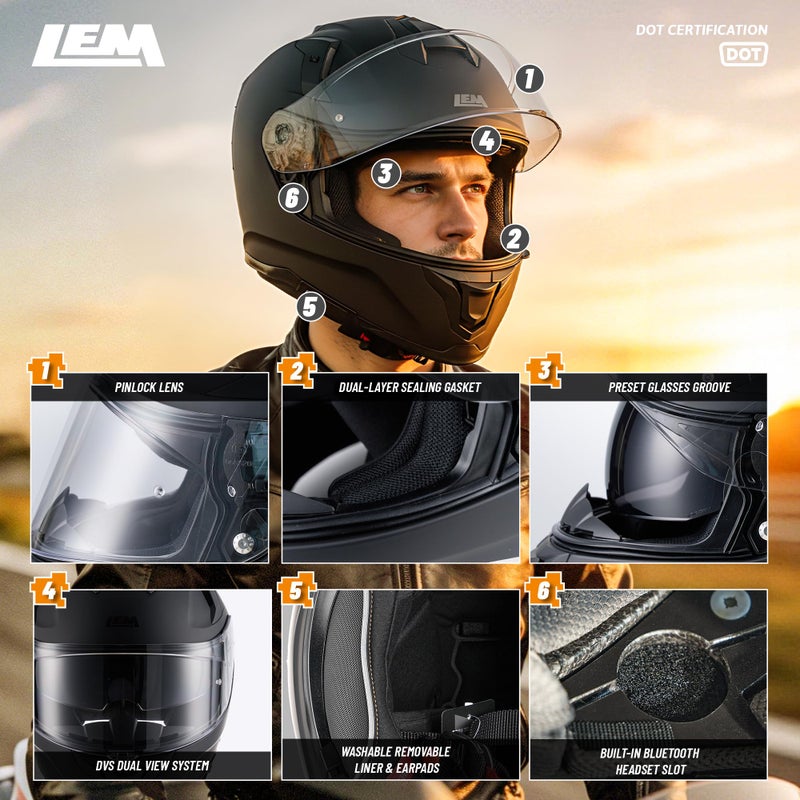 LEM Motorcycle Helmets Full Face for Men, Motorcycle Helmet for Adults, DOT Certified, PINLOCK & DVS Dual Vision, Motorcycle Street Bike Helmet, Bluetooth Speaker Pockets (Matte Black Large) VZN FP09 - Image 3