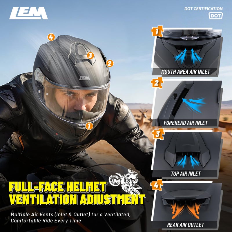 LEM Motorcycle Helmets Full Face for Men, Motorcycle Helmet for Adults, DOT Certified, PINLOCK & DVS Dual Vision, Motorcycle Street Bike Helmet, Bluetooth Speaker Pockets (Matte Black Large) VZN FP09 - Image 5