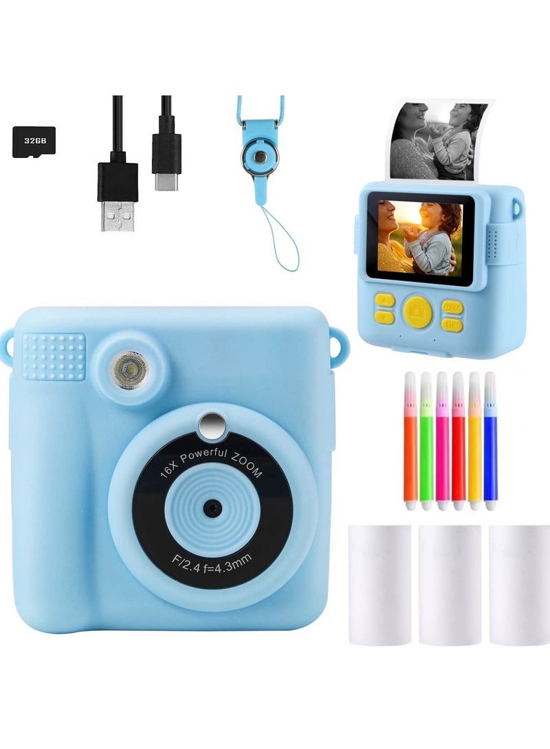 XiuWoo Kids Camera Instant Print Camera 1080P 2.4 Inch Screen Digital Children Video Camcorder Camera with 16X Digital Zoom, 32GB TF Card, Colored Pens Included - Image 1