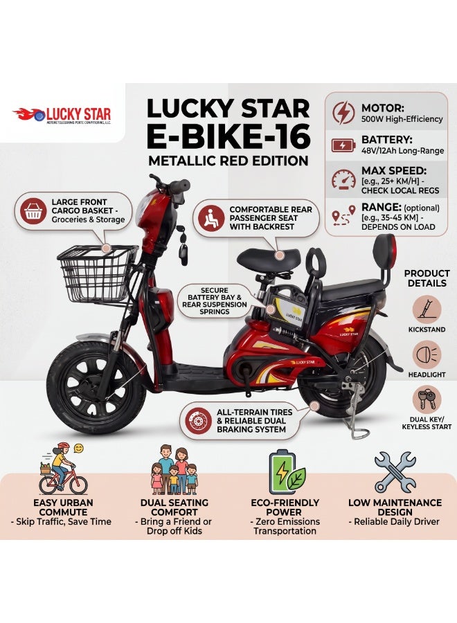 Lucky Star 500W 48V/12Ah Electric Commuter Bike (E-Bike-16) with Dual Seating, Backrest & Storage Basket  Key Product Specs Included for Searchab - Image 2