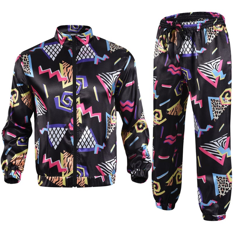 Cross Border 80 s Disco Sportswear Jacket and Pants Jogging Suit Retro Style 80 s Theme Party Black Floral Sportswear