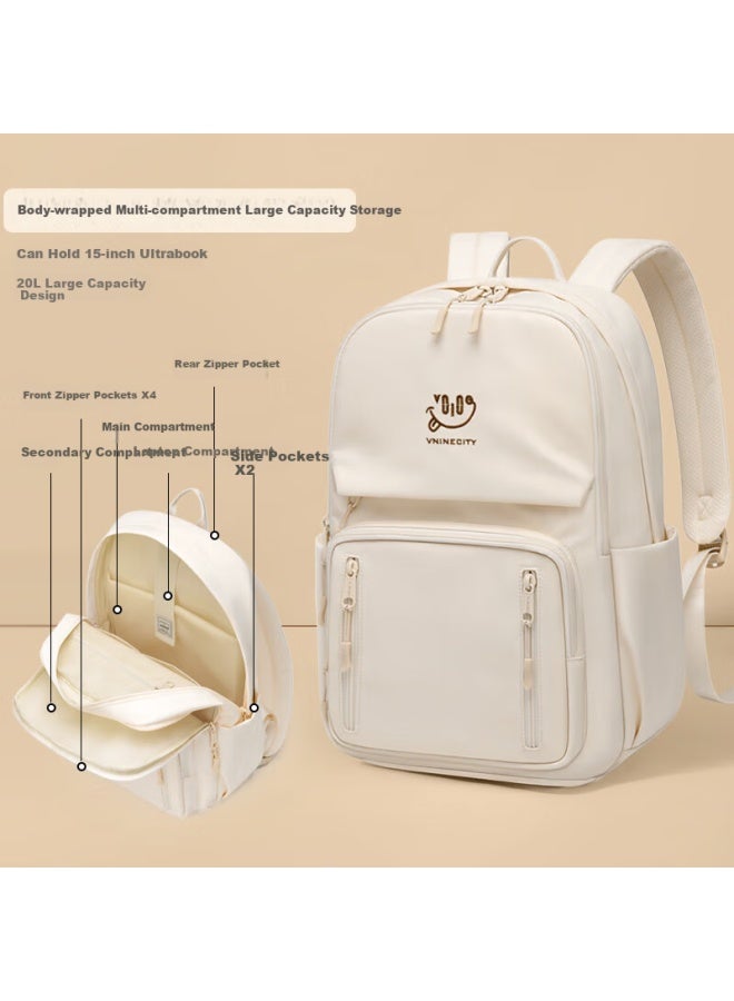 V.nine Large Capacity School Backpack For Middle And High School Students, Academic Style Backpack, Cream-colored Double Shoulder Laptop Bag For College Students, Sea Salt Milk White - Image 1