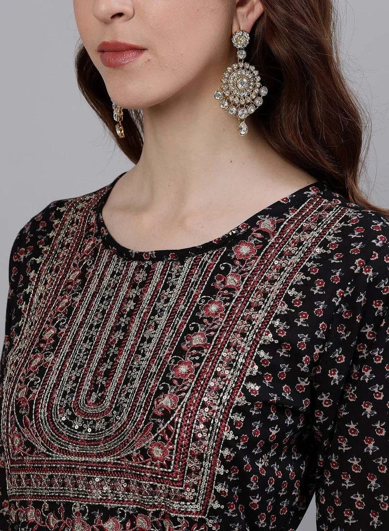آي شين Women's Black Rayon Embroidered Tunic Straight Fit Kurta