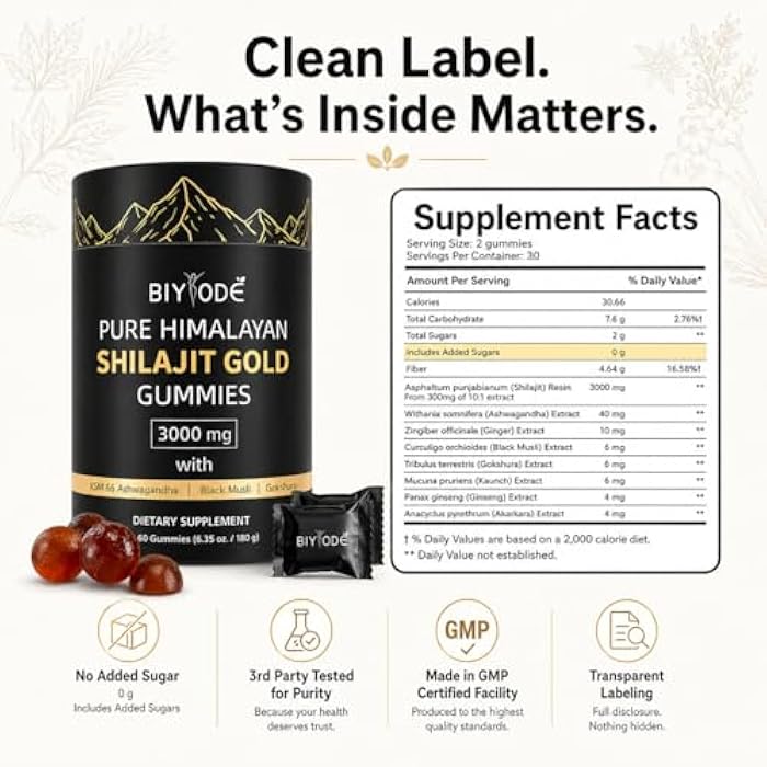 BIYODE Shilajit Gummies: Pure Shilajit Himalayan Rich in Ashwagandha Gaulshura Fulvic Acid 85 Micronutrients Suitable for Men and Women No Added Sugar 60 Gummies 30 Day Supply - Image 2
