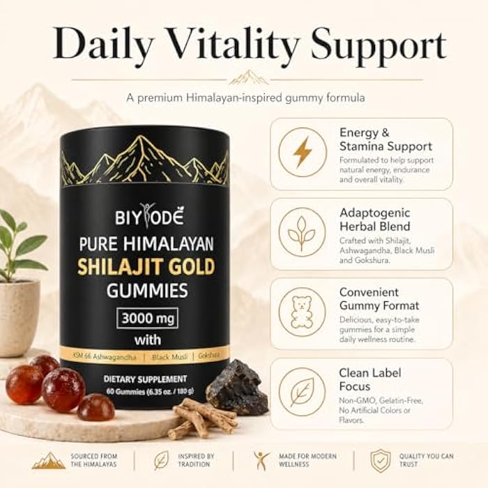 BIYODE Shilajit Gummies: Pure Shilajit Himalayan Rich in Ashwagandha Gaulshura Fulvic Acid 85 Micronutrients Suitable for Men and Women No Added Sugar 60 Gummies 30 Day Supply - Image 3