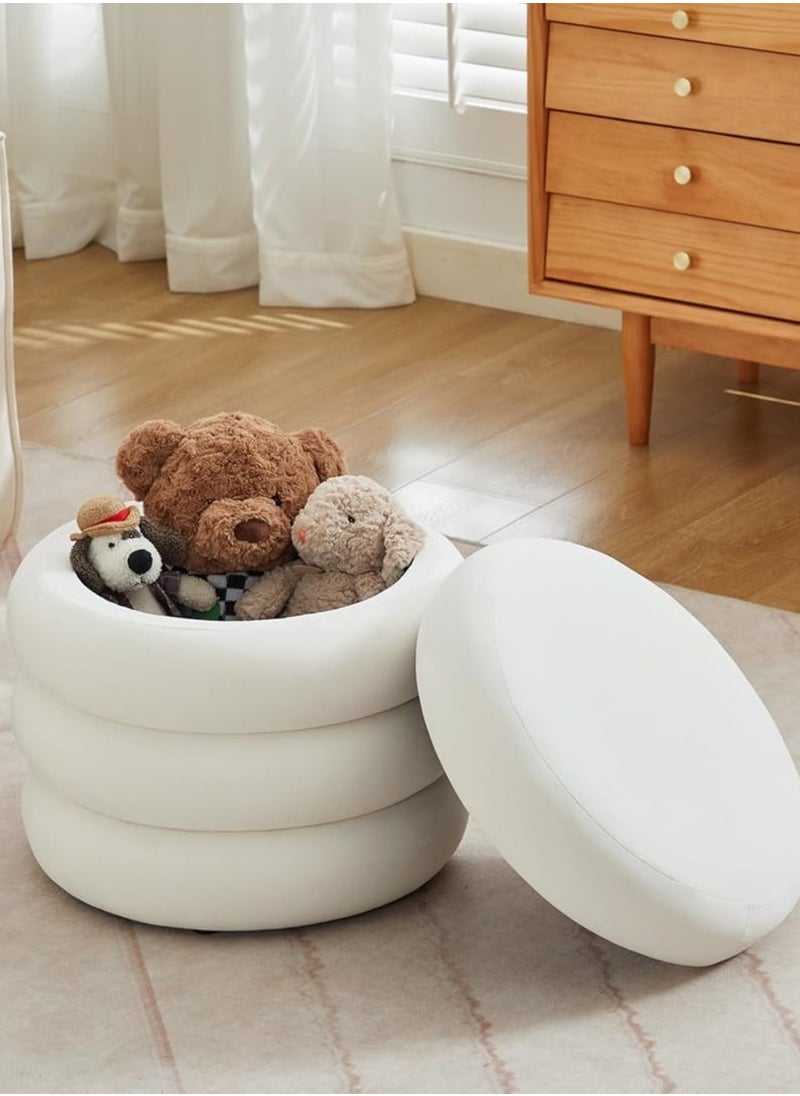 Nice Home Original Storage Ottoman Round Pouf with Removable Lid - Velvet Upholstered Foot Stool for Living Room & Bedroom Decor - White  - Image 1
