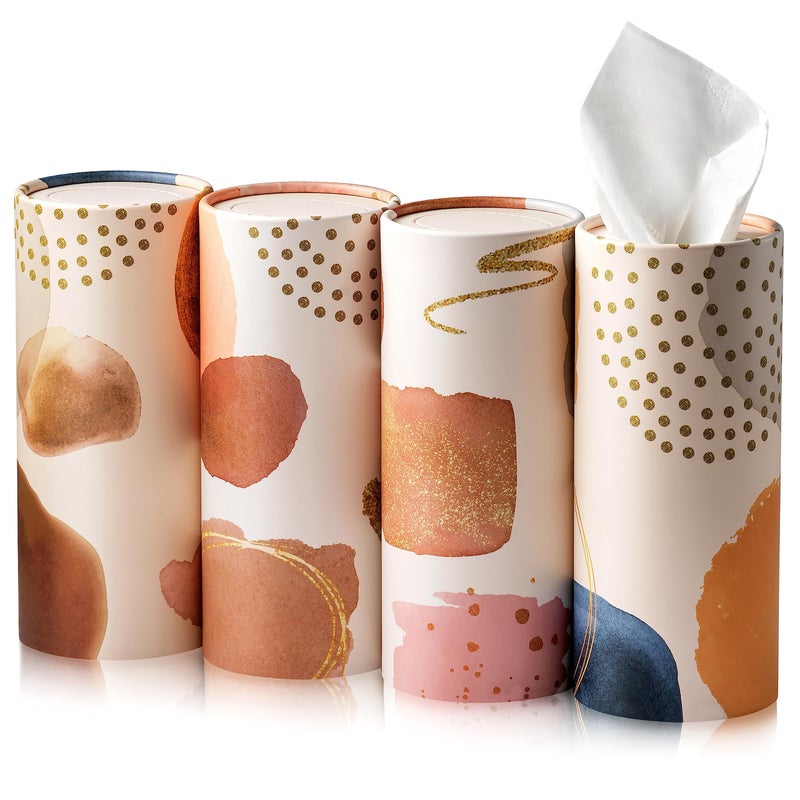 MALLMALL6 4 Pack Boho Car Tissue Holder with Facial Tissues Bulk Tissue Tubes for Car Tissues Cylinder Travel Tissues Boxes for Car Cup Holder Round Container Bathroom Living Room