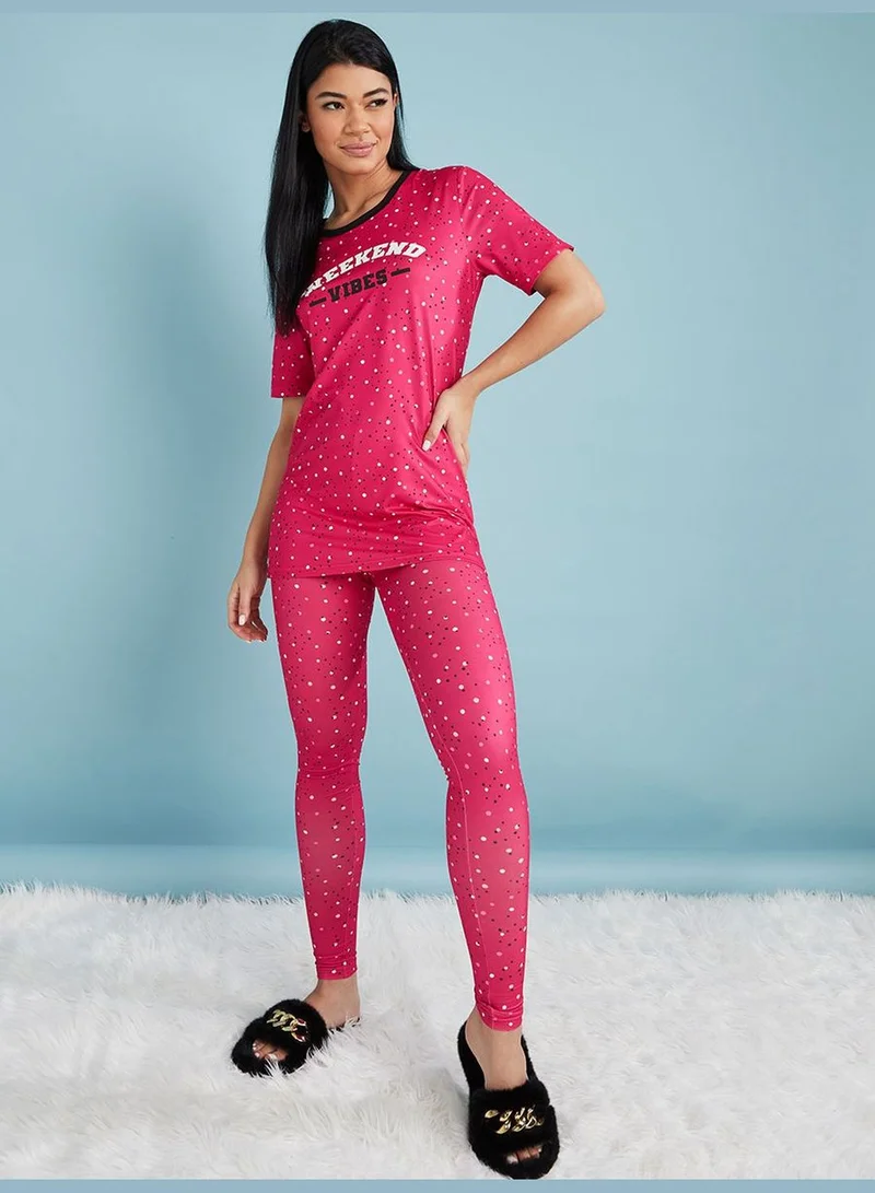 Styli Weekend Vibes AOP Spot T-shirt and Leggings Set