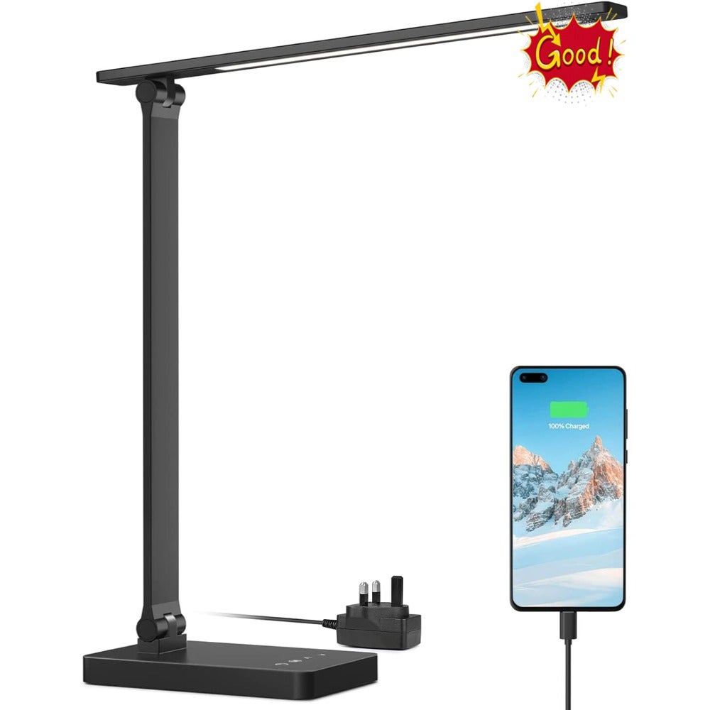 LED Desk Lamp, Desk Lamp with USB Charging Port, 655lm, Eye Caring Table Lamp, 5 Brightness Levels x 3 Colour Modes, Touch Control Daylight Lamp for Office, Back to School, Bedside and More