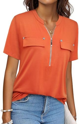 Bulotus Short Sleeve Shirts for Women, Orange Blouses Casual Summer Fashion 2025 Business Casual Tops Work Shirts for Office Plus Size Tunic Tops to Wear with Leggings, Orange, XL - Image 1