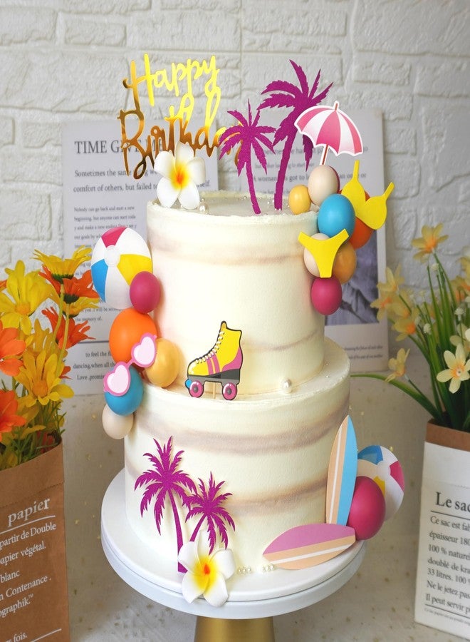 DRWATE Summer Hawaiian Cake Topper with Beach Ball Sun Umbrella Goggles Beach Cake Decorations for Summer Holiday Theme Birthday Supplies (Surfboard) - Image 4