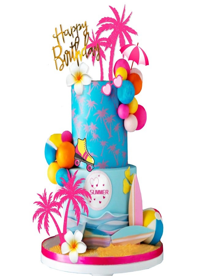 DRWATE Summer Hawaiian Cake Topper with Beach Ball Sun Umbrella Goggles Beach Cake Decorations for Summer Holiday Theme Birthday Supplies (Surfboard) - Image 1