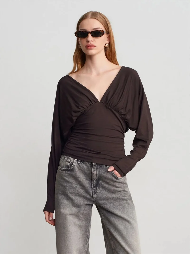Dilvin DILVIN Slim Fit V-Neck Wrap Blouse