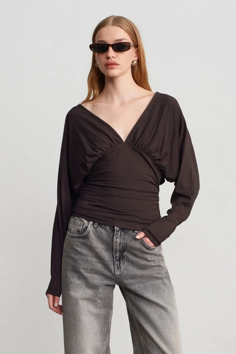 DILVIN Slim Fit V-Neck Wrap Blouse