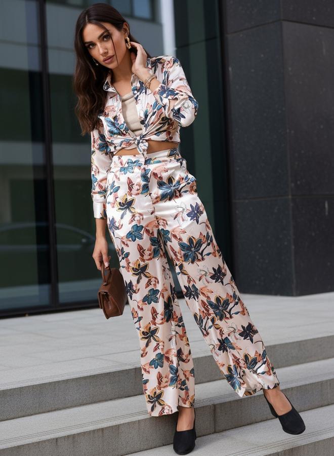 مرفوعة طقم قميص مطبع بالزهور مع بنطال - Image 1