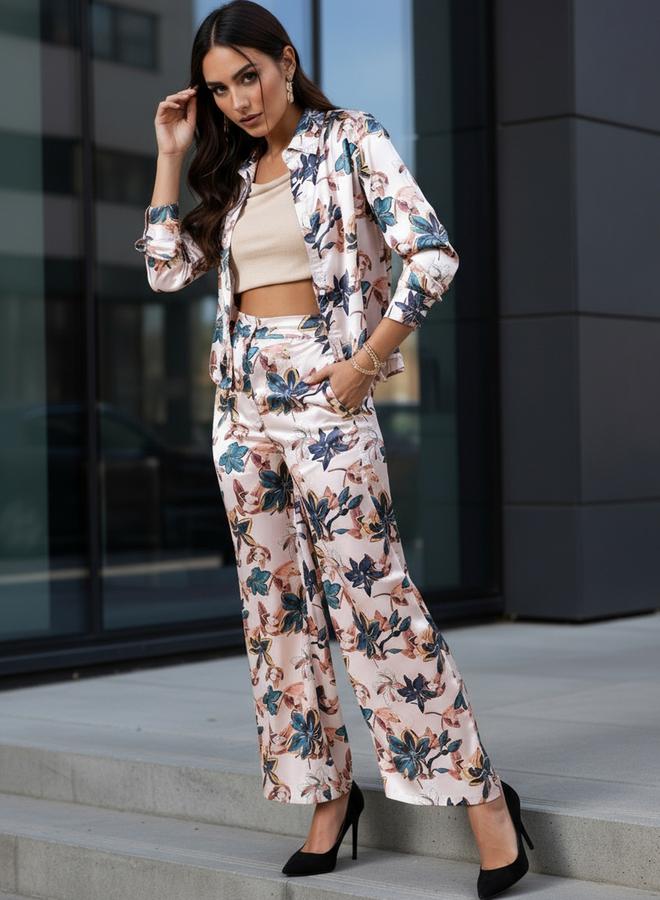 مرفوعة طقم قميص مطبع بالزهور مع بنطال - Image 2