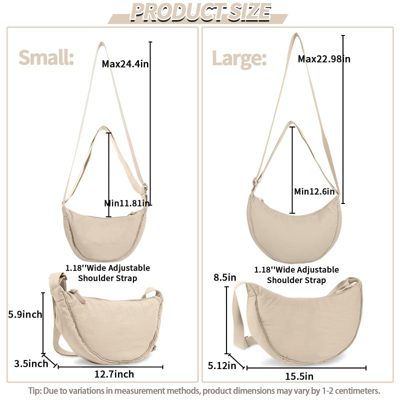 EVGLOW Nylon Crescent Crossbody Bag for Women Purses Trendy Men,Large Travel Sling Bag Hobo,Lightweight Shoulder Bag with Zipper Adjustable Strap,Round Soft Shoulder Pouch Bag for Everyday Use(Large Beige) - Image 3