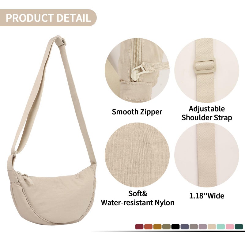 EVGLOW Nylon Crescent Crossbody Bag for Women Purses Trendy Men,Large Travel Sling Bag Hobo,Lightweight Shoulder Bag with Zipper Adjustable Strap,Round Soft Shoulder Pouch Bag for Everyday Use(Large Beige) - Image 4