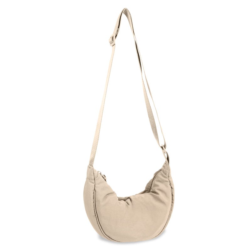 EVGLOW Nylon Crescent Crossbody Bag for Women Purses Trendy Men,Large Travel Sling Bag Hobo,Lightweight Shoulder Bag with Zipper Adjustable Strap,Round Soft Shoulder Pouch Bag for Everyday Use(Large Beige) - Image 1