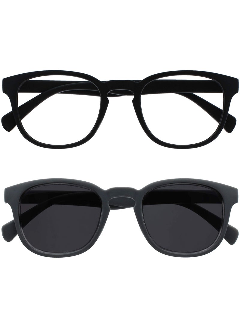 OPULIZE POP Reading Glasses and Reading Sunglasses for Women Men,Retro Round, Smooth Matt Black, Grey Sun +3.00 (Pack of 2) - Image 1