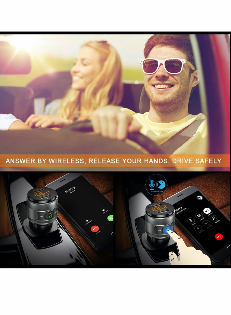 Bluetooth 5.0 FM Transmitter for Car, 3.0 Wireless Bluetooth FM Radio Adapter Music Player FM Transmitter Car Kit with Hands-Free Calling and 2 USB Ports Charger Support USB Drive - Image 3