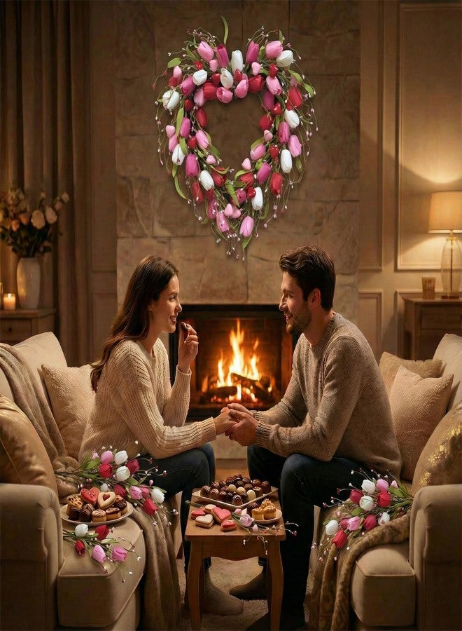 CIR OASES إكليل زهور التوليب الوردي على شكل قلب لعيد الحب - Image 5