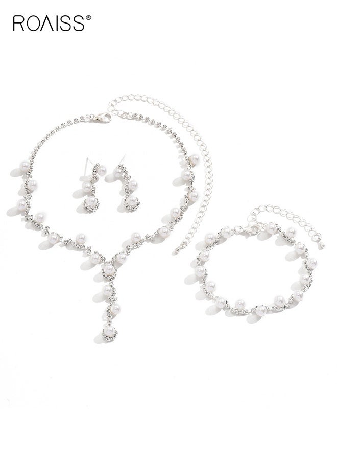 رويس طقم زفاف نسائي من ثلاث قطع من اللؤلؤ باللون الذهبي الوردي، قلادة وأقراط وسوار وسلسلة رقيقة على شكل ترقوة، إكسسوار زفاف خالد لفستان السهرة، هدية فاخرة بسيطة لوصيفة العروس، أنيقة كل يوم - Image 5