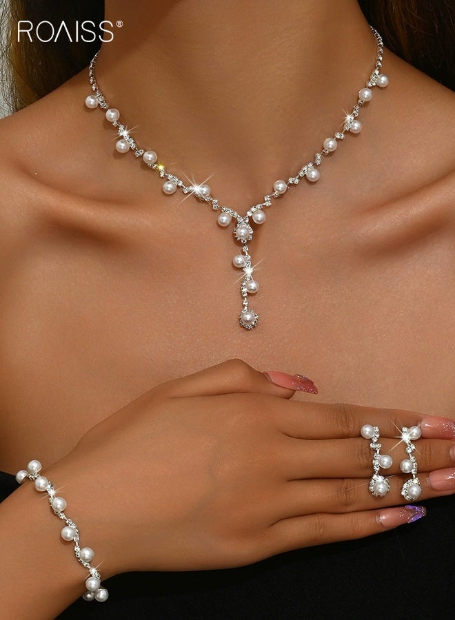 رويس طقم زفاف نسائي من ثلاث قطع من اللؤلؤ باللون الذهبي الوردي، قلادة وأقراط وسوار وسلسلة رقيقة على شكل ترقوة، إكسسوار زفاف خالد لفستان السهرة، هدية فاخرة بسيطة لوصيفة العروس، أنيقة كل يوم - Image 1