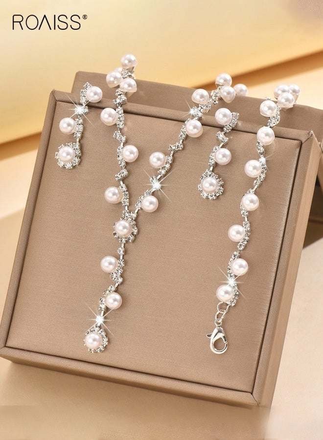 رويس طقم زفاف نسائي من ثلاث قطع من اللؤلؤ باللون الذهبي الوردي، قلادة وأقراط وسوار وسلسلة رقيقة على شكل ترقوة، إكسسوار زفاف خالد لفستان السهرة، هدية فاخرة بسيطة لوصيفة العروس، أنيقة كل يوم - Image 3