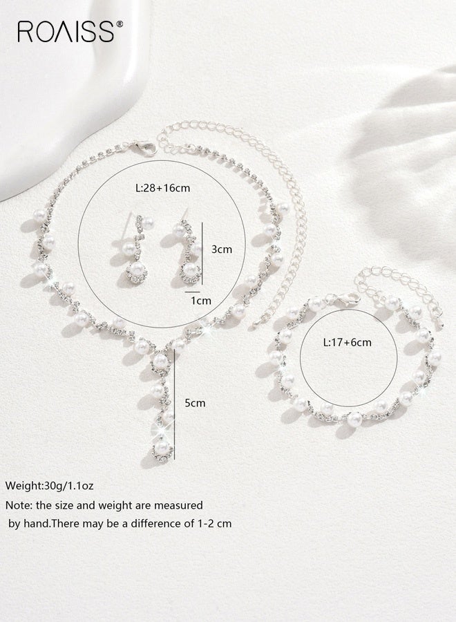 رويس طقم زفاف نسائي من ثلاث قطع من اللؤلؤ باللون الذهبي الوردي، قلادة وأقراط وسوار وسلسلة رقيقة على شكل ترقوة، إكسسوار زفاف خالد لفستان السهرة، هدية فاخرة بسيطة لوصيفة العروس، أنيقة كل يوم - Image 2