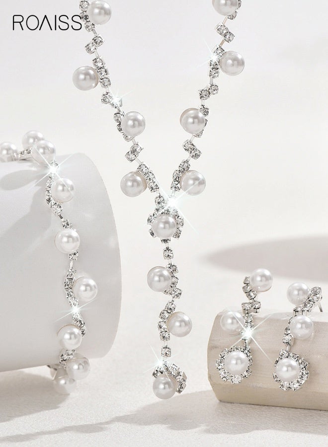 رويس طقم زفاف نسائي من ثلاث قطع من اللؤلؤ باللون الذهبي الوردي، قلادة وأقراط وسوار وسلسلة رقيقة على شكل ترقوة، إكسسوار زفاف خالد لفستان السهرة، هدية فاخرة بسيطة لوصيفة العروس، أنيقة كل يوم - Image 4