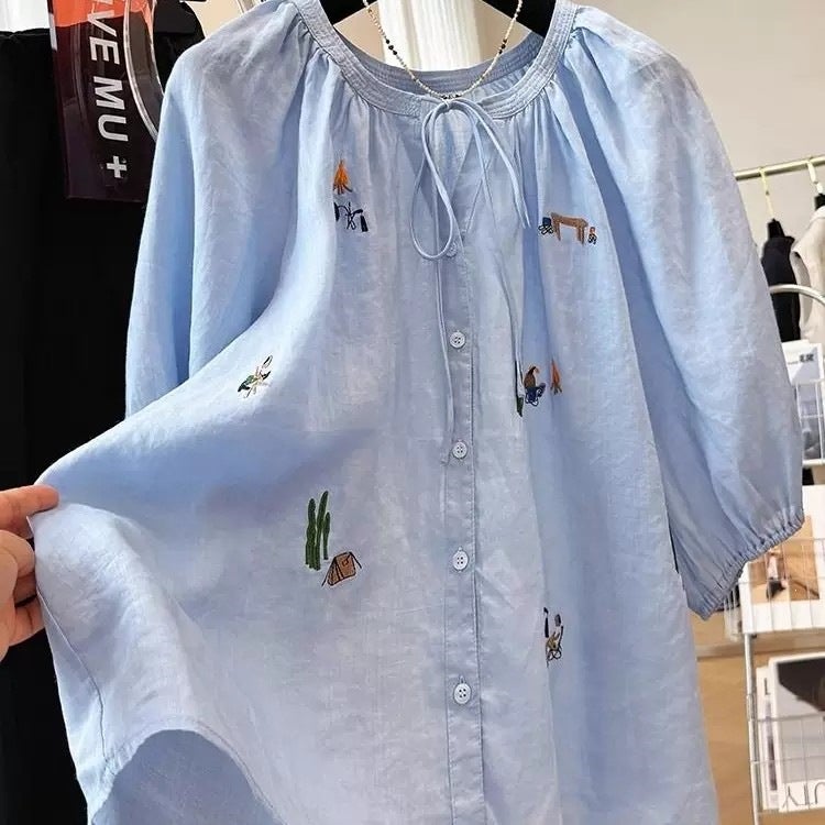 Plus Size Women's Cartoon Embroidery Short Sleeve T-Shirt - Image 3