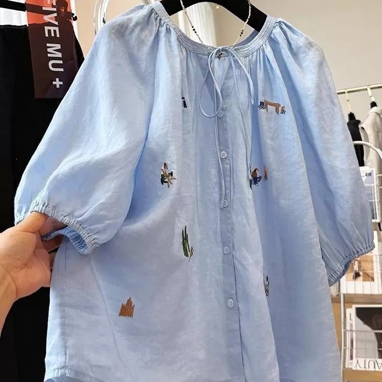 Plus Size Women's Cartoon Embroidery Short Sleeve T-Shirt - Image 1