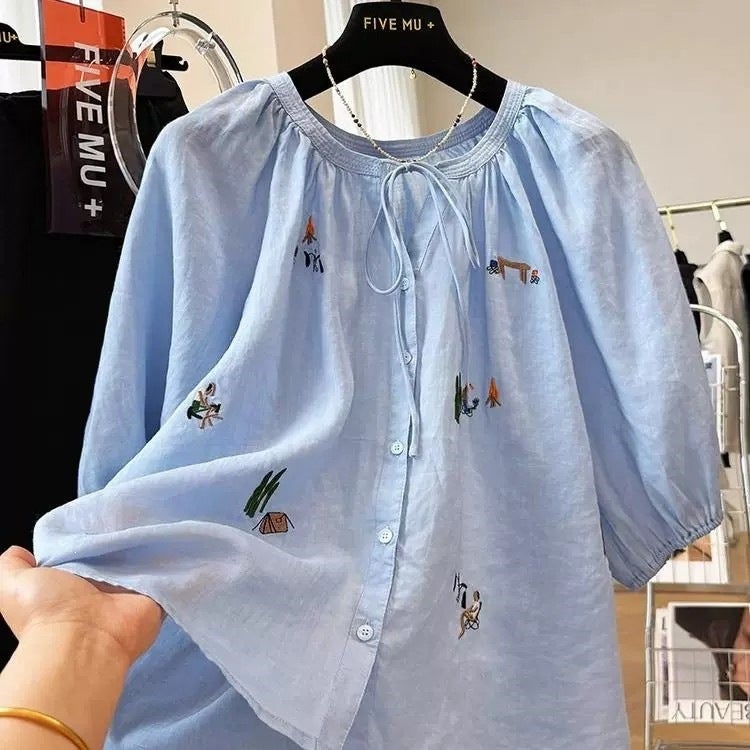 Plus Size Women's Cartoon Embroidery Short Sleeve T-Shirt - Image 2