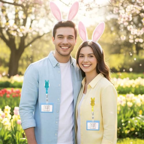 COcnny Easter Bunny Badge Reels - 5pcs Peeps Beads Glitter Retractable Acrylic Clips for Student Nurse Gift, Colorful Rabbit Beaded ID Badge Holder for Hospital School Easter Party Holiday Supplies - Image 5
