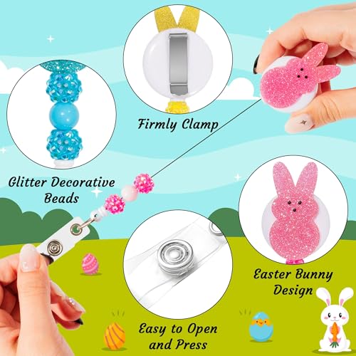 COcnny Easter Bunny Badge Reels - 5pcs Peeps Beads Glitter Retractable Acrylic Clips for Student Nurse Gift, Colorful Rabbit Beaded ID Badge Holder for Hospital School Easter Party Holiday Supplies - Image 3