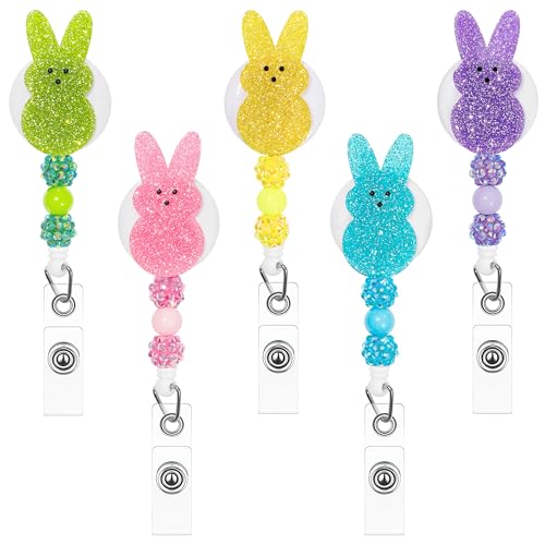 COcnny Easter Bunny Badge Reels - 5pcs Peeps Beads Glitter Retractable Acrylic Clips for Student Nurse Gift, Colorful Rabbit Beaded ID Badge Holder for Hospital School Easter Party Holiday Supplies - Image 1