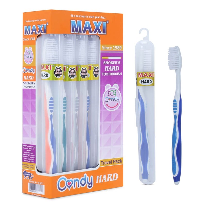 MAXI Candy Hard Bristles Toothbrush in Anti-Bacterial Container, Multicolor, Easy to carry (Pack of 12) - Image 1