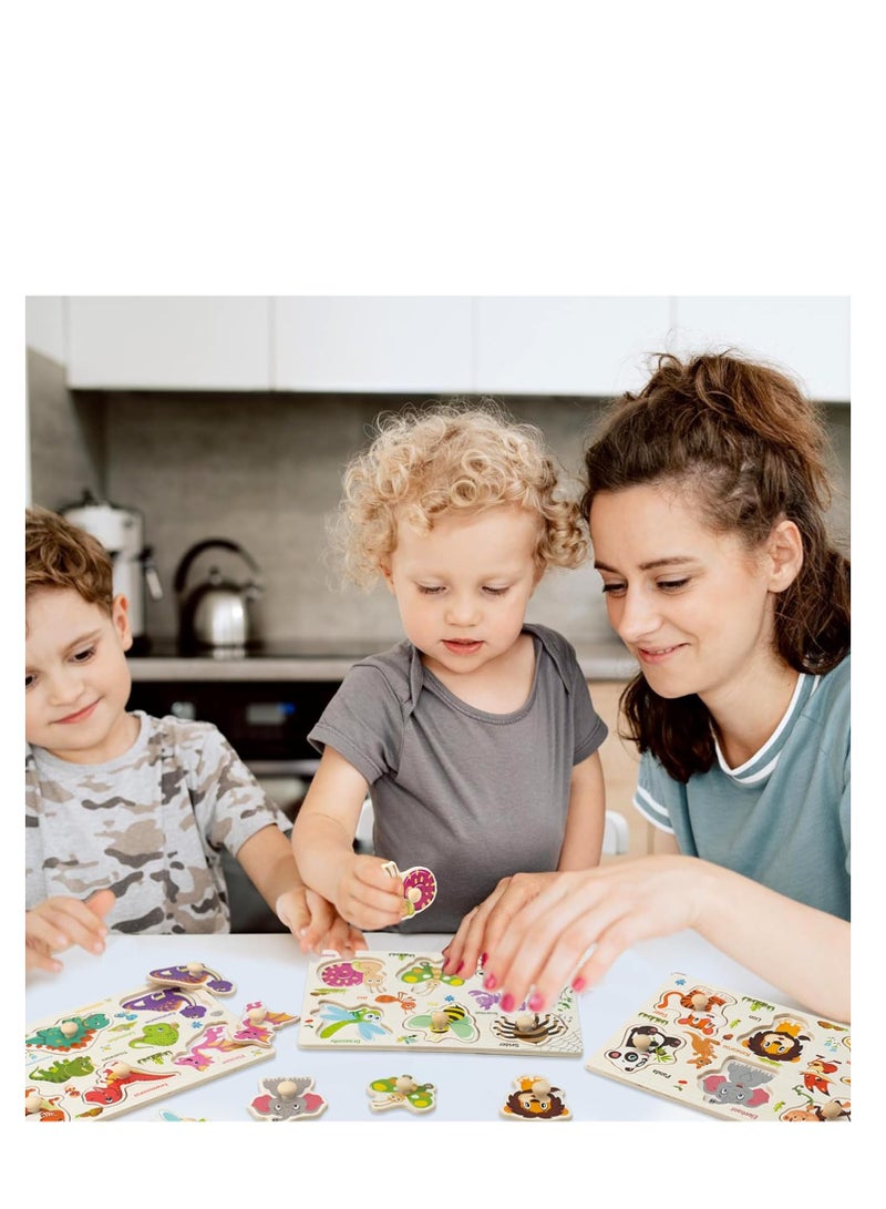 SYOSI Wooden Peg Puzzles for Kid Color Montessori Puzzles Toy Animal Dinosaur Insect Educational Preschool Matching Toy Toddlers Motor Skill Early Learning Gift for Birthday 3 Pack - Image 3