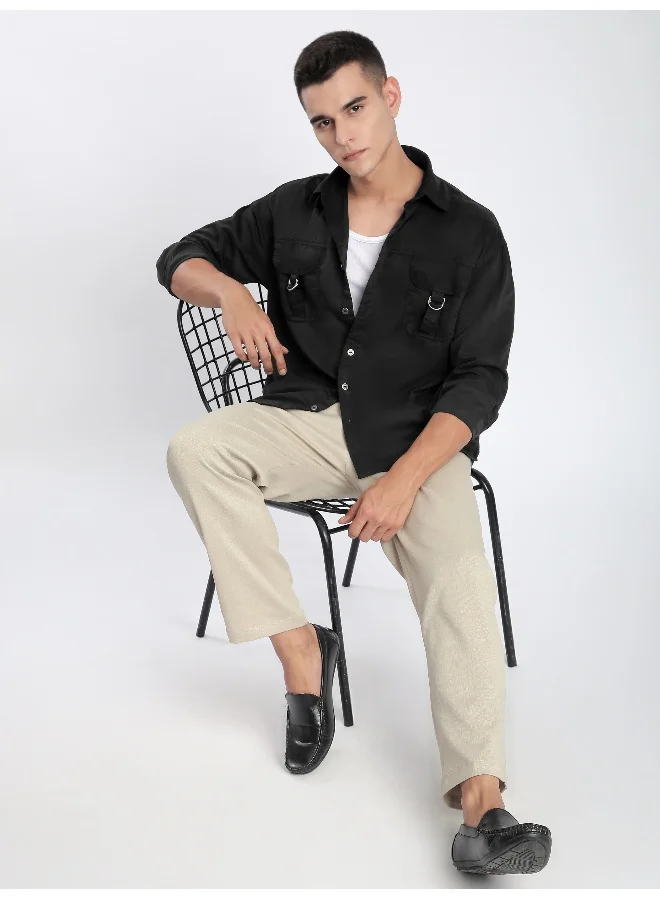 Beyoung Black D-Buckle Cargo Shirt