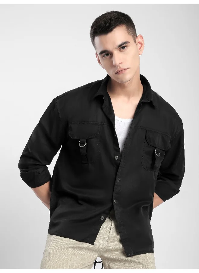 Beyoung Black D-Buckle Cargo Shirt