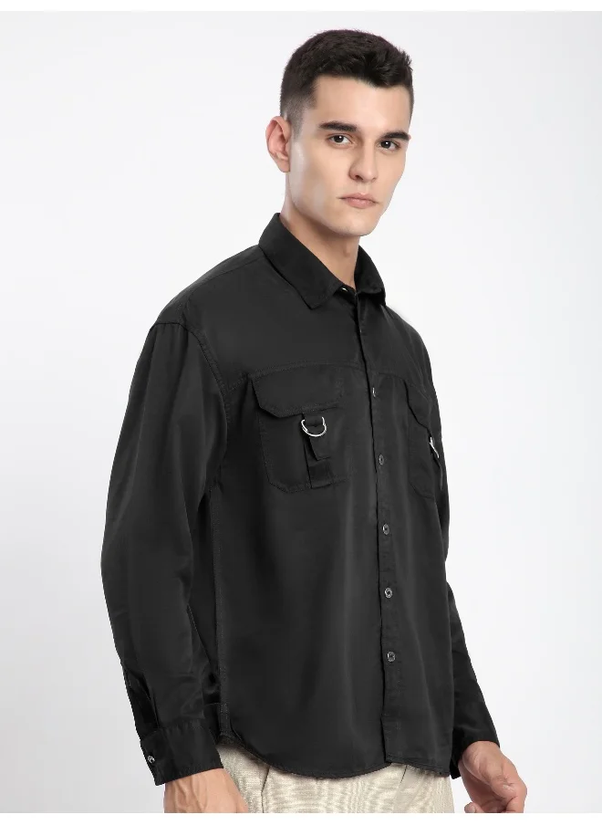 Beyoung Black D-Buckle Cargo Shirt